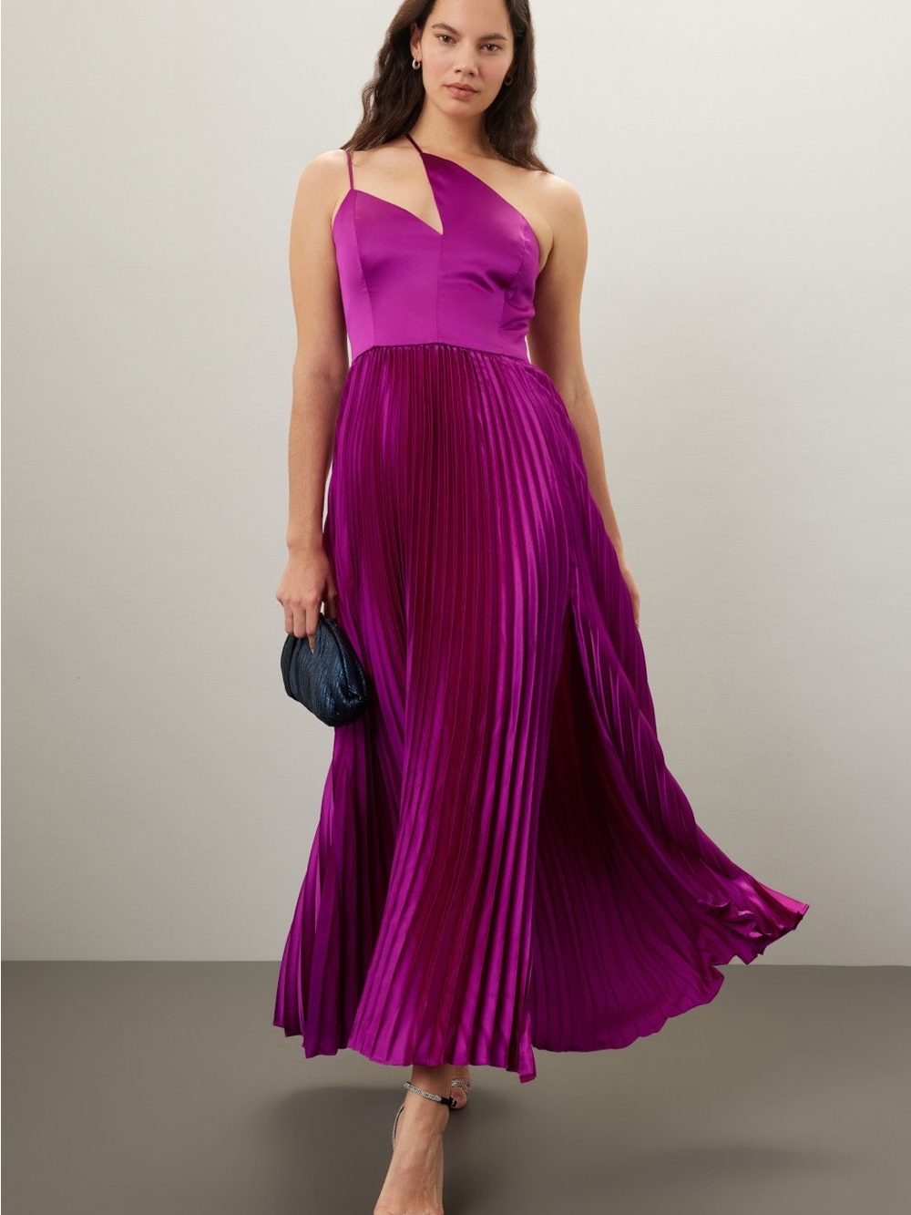 AMUR One-Shoulder Pleated Maxi Dress in Fuchsia